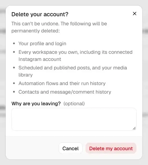 Delete your account confirmation dialog listing the data that will be permanently deleted, with Cancel and Delete my account buttons