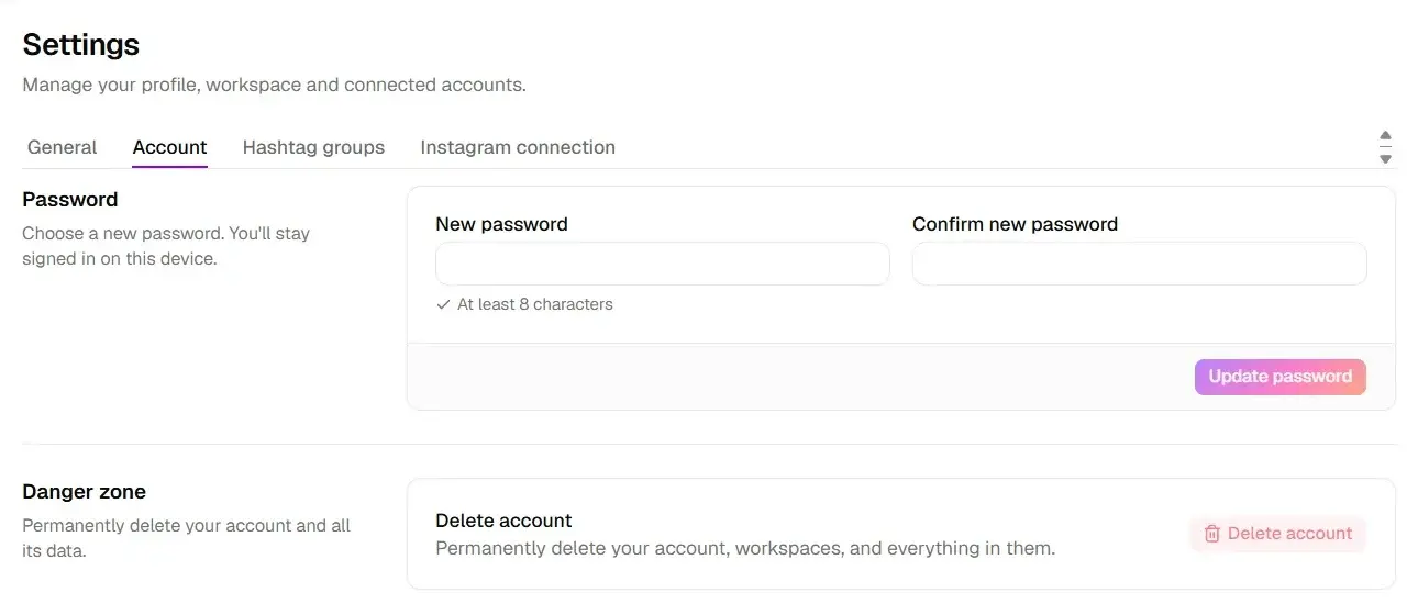 bforbotz Account settings tab with the Danger zone section and the Delete account button