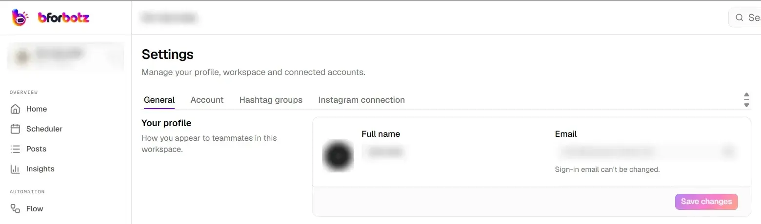 bforbotz Settings page showing the General, Account, Hashtag groups and Instagram connection tabs